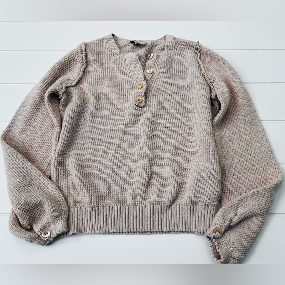 WRAP London • Tan Knit Henley Crochet Sweater • Size M US 8100% Cotton